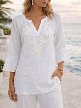 🛍️ Tommy Bahama White Linen Beaded Seashell Tunic Blouse – Size Small – NWOT